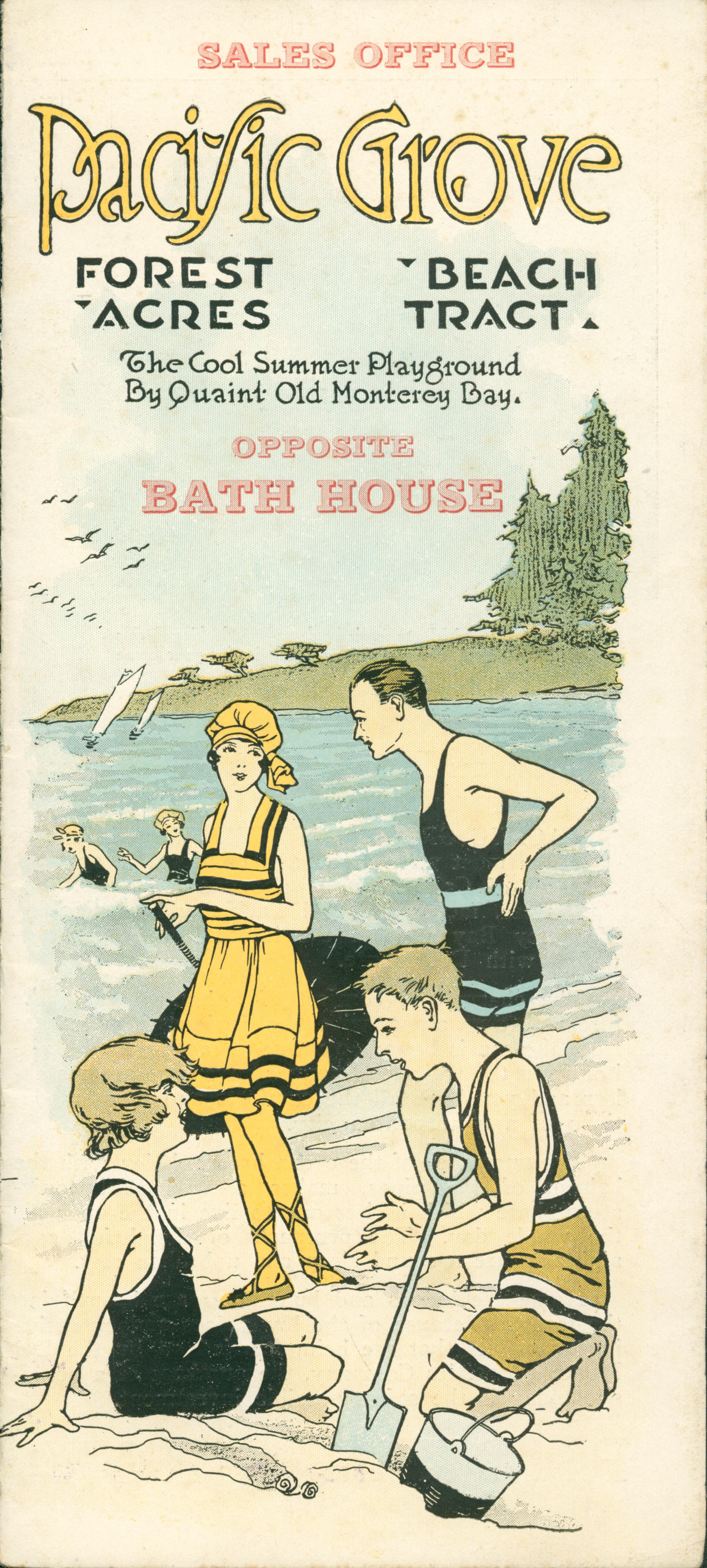 The front of this brochure shows a quartette of individuals on the beach with sailboats and two swimmers behind them.